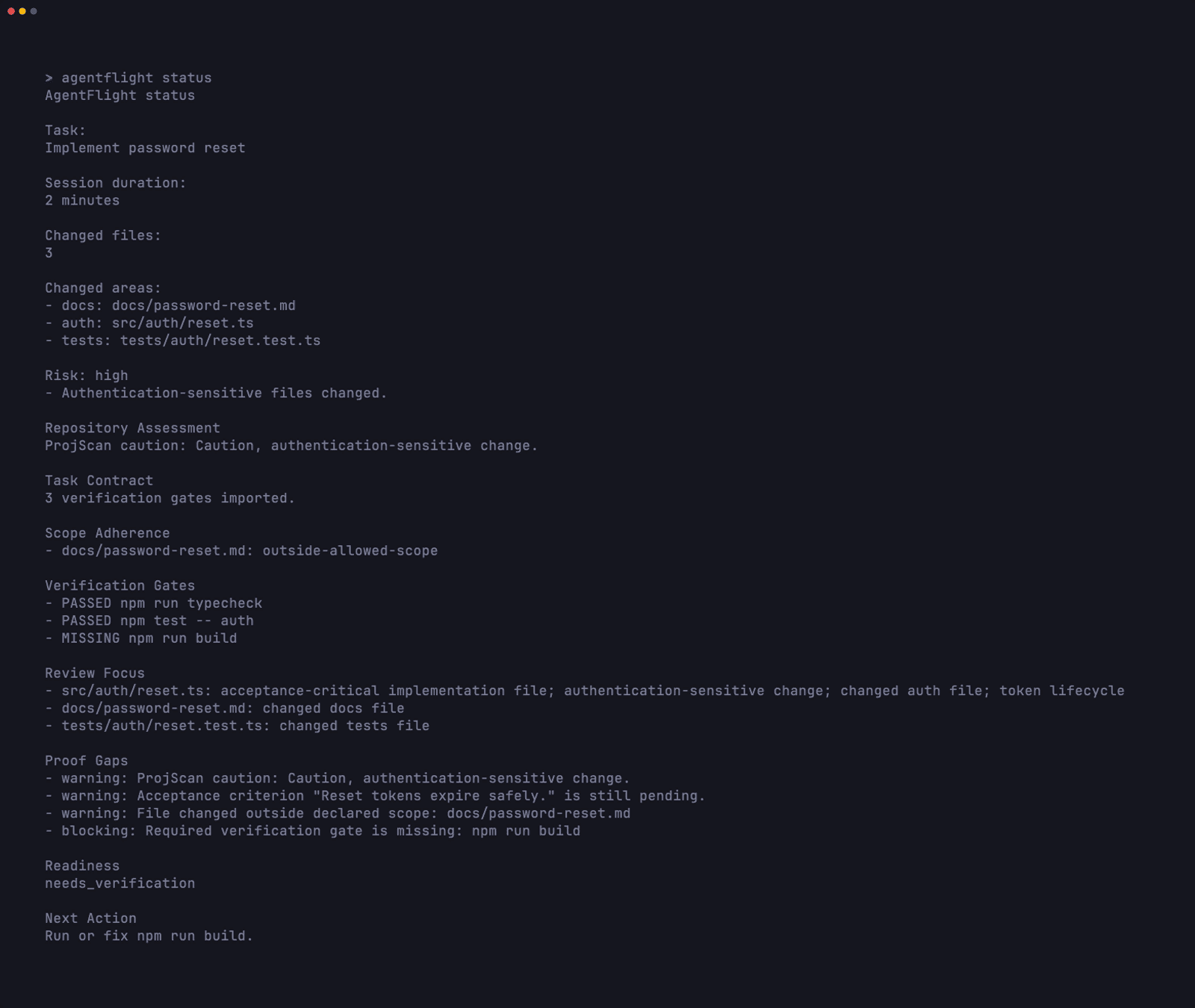 AgentFlight Baseframe readiness view showing repository assessment, scope adherence, verification gates, proof gaps, readiness, and next action.