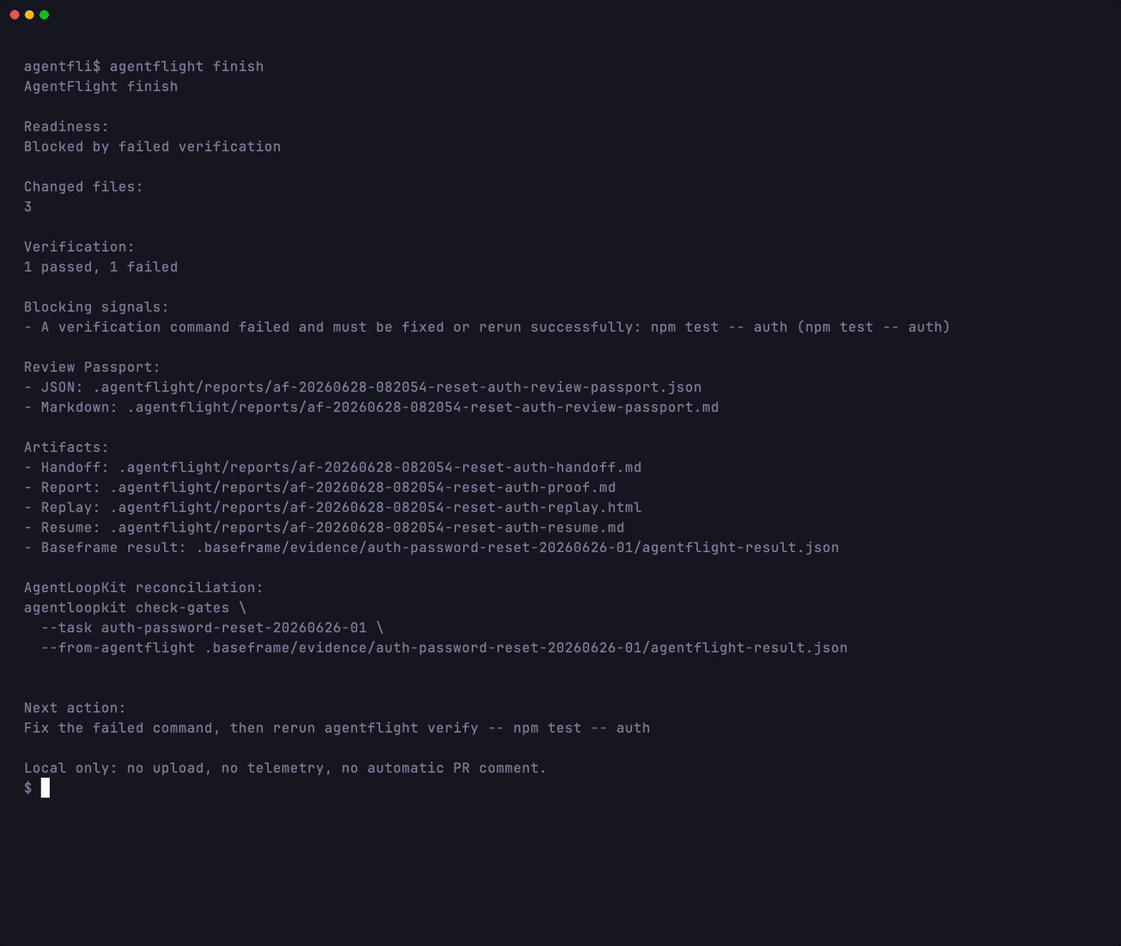 AgentFlight finish output: blocked readiness, three changed files, one passed and one failed verification, the Review Passport JSON and Markdown paths, the handoff, report, replay, and resume paths, the Baseframe result path, and the next action.