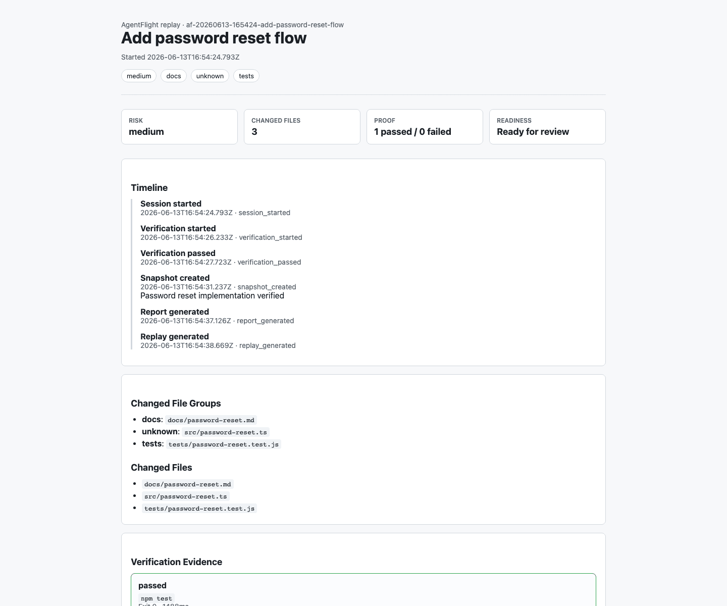 AgentFlight replay timeline showing session events, verification cards, snapshots, and changed file groups