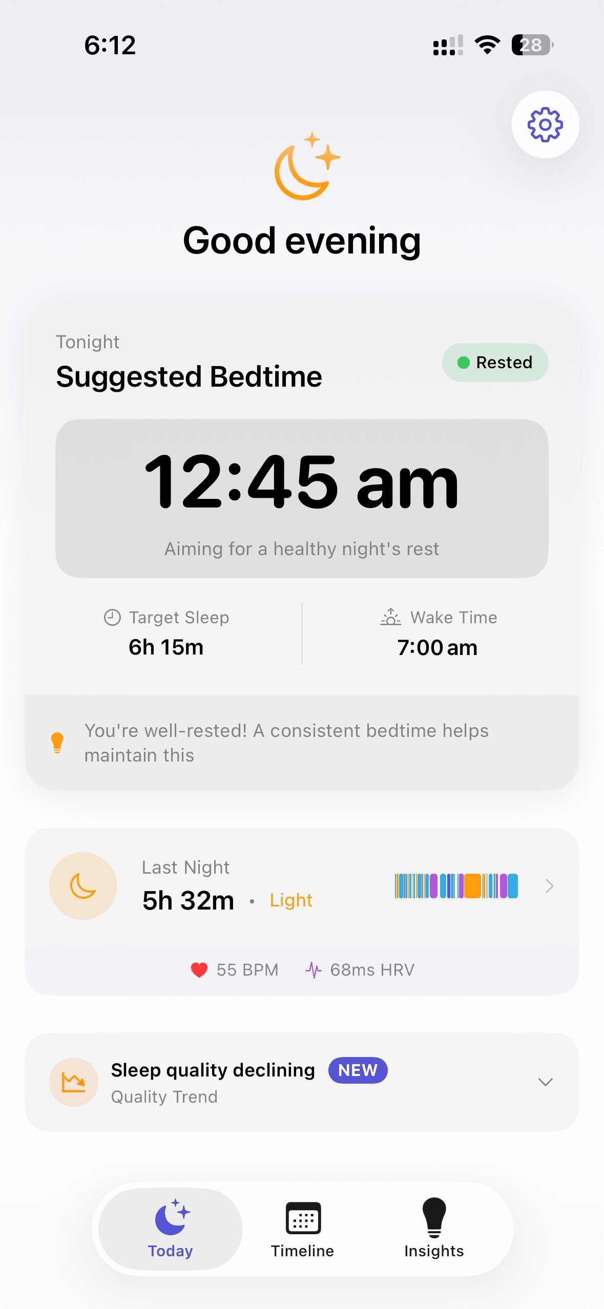Today view with last night's sleep summary