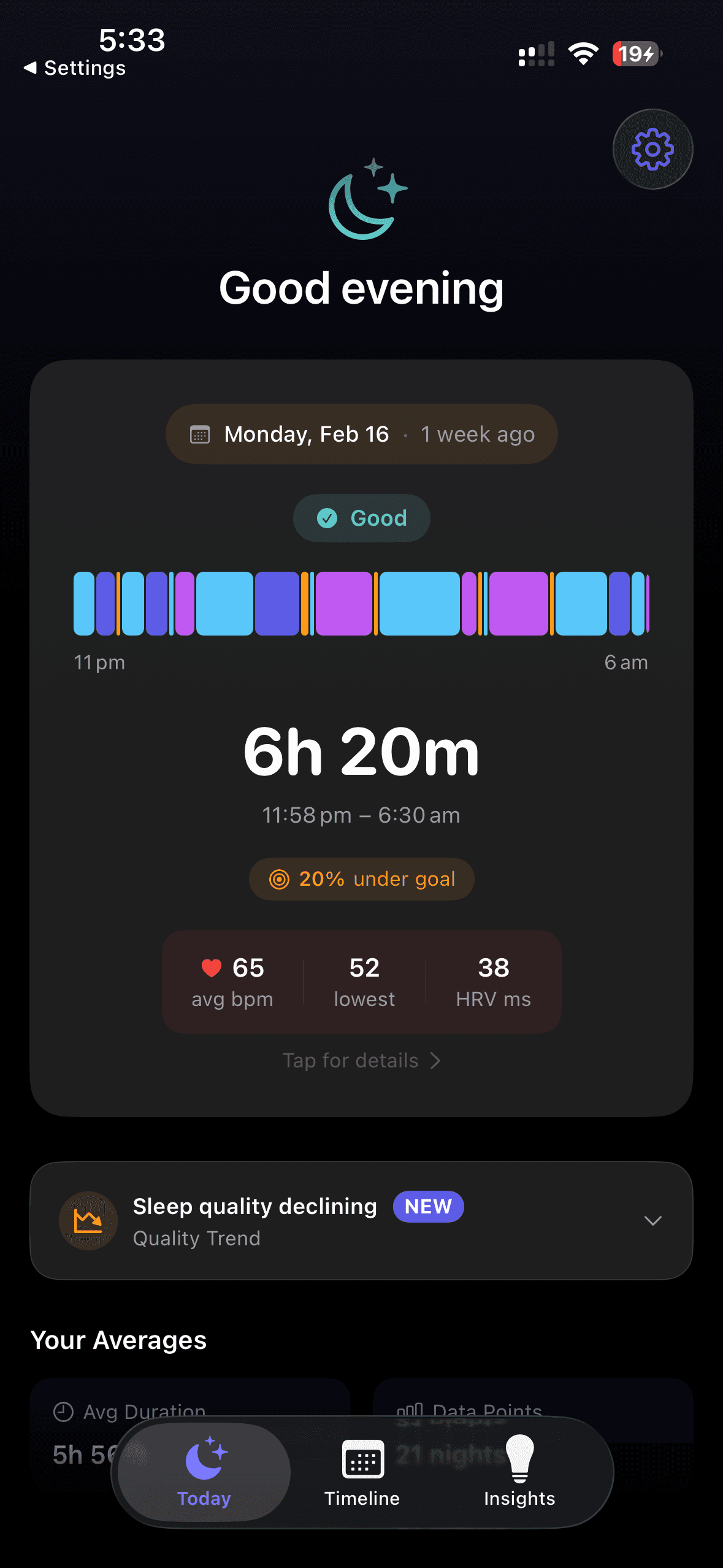 Today view with last night's sleep summary