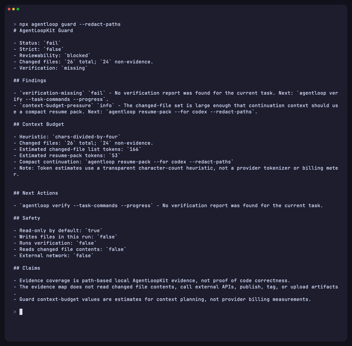 AgentLoopKit guard report: a blocked review status, findings for missing verification and context-budget pressure, a context-budget estimate, and read-only safety notes.