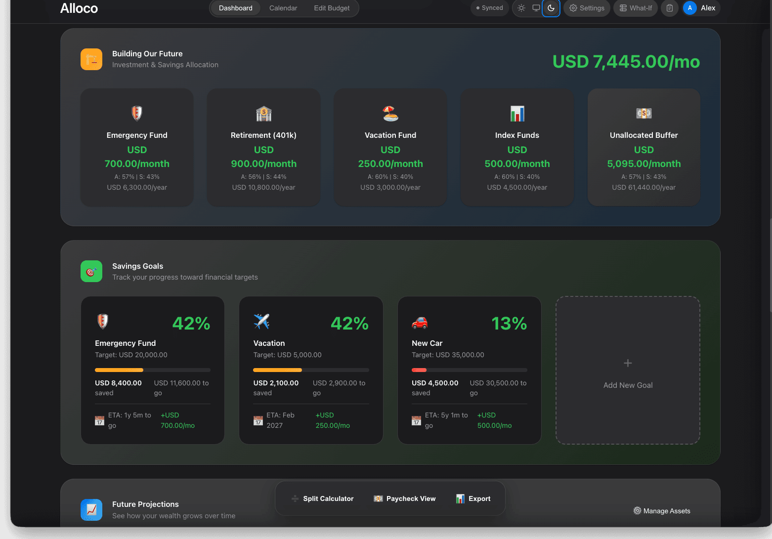 Savings goals and allocation targets