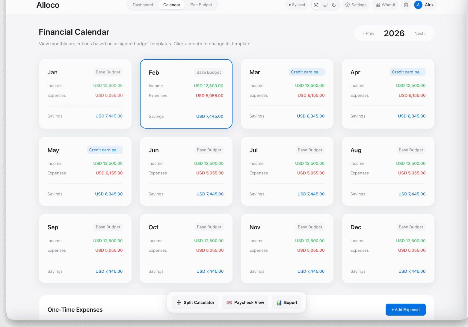 Financial calendar with monthly projections