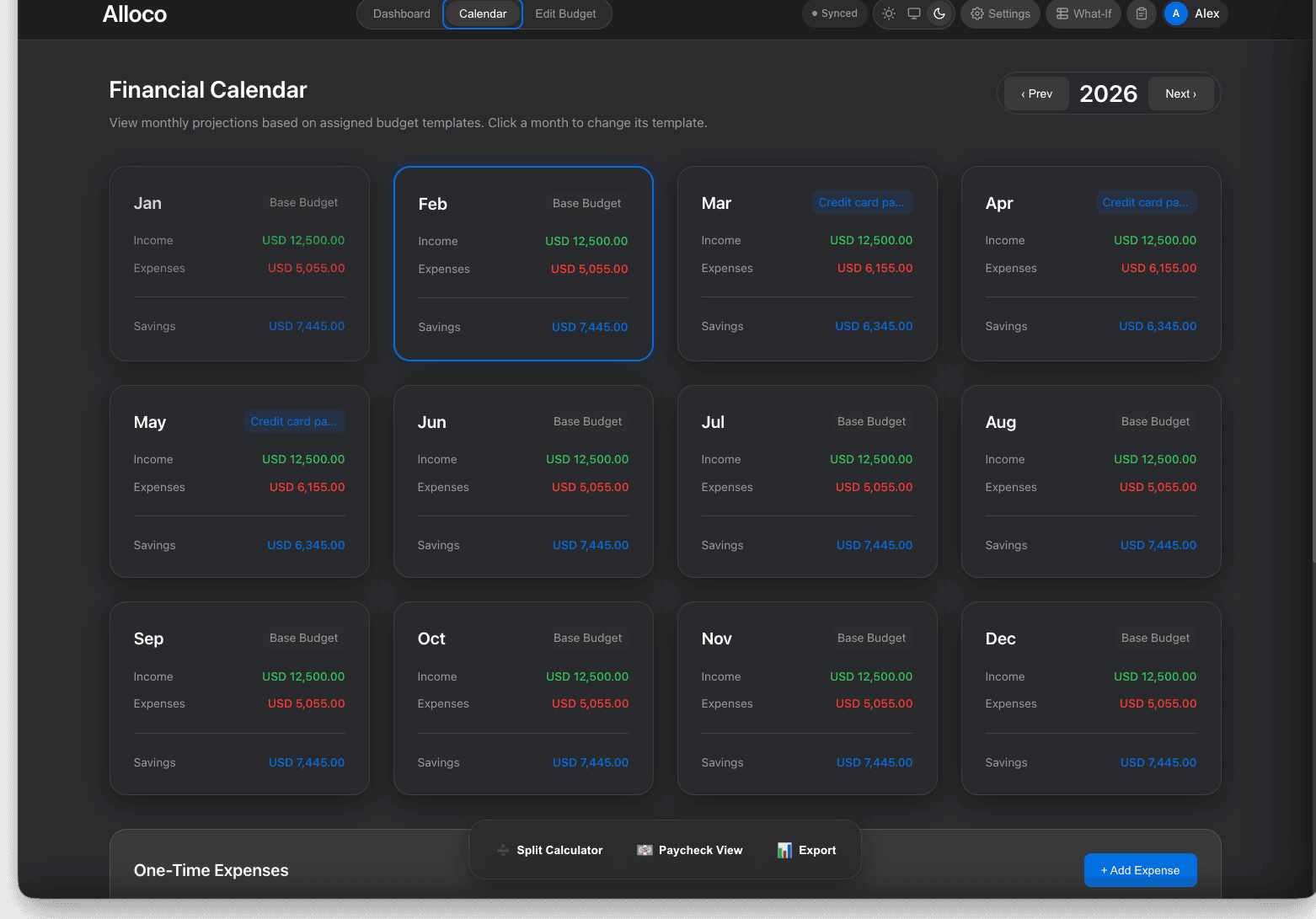 Financial calendar with monthly projections