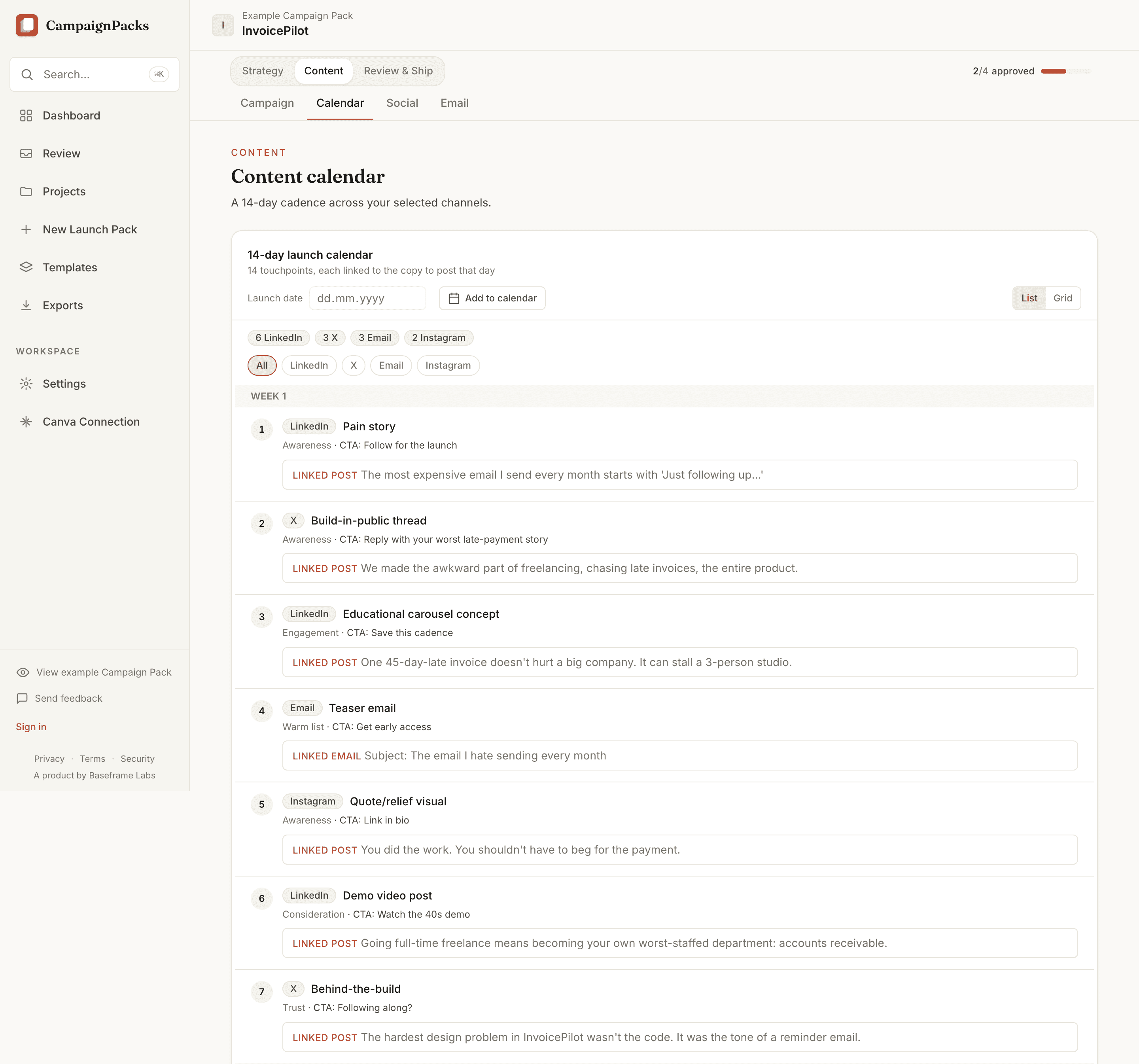 The CampaignPacks 14-day launch calendar for a demo project: fourteen touchpoints across six LinkedIn posts, three on X, three emails and two Instagram posts, week one shown in full with each day's channel, funnel stage, call to action, and the linked copy to post that day.