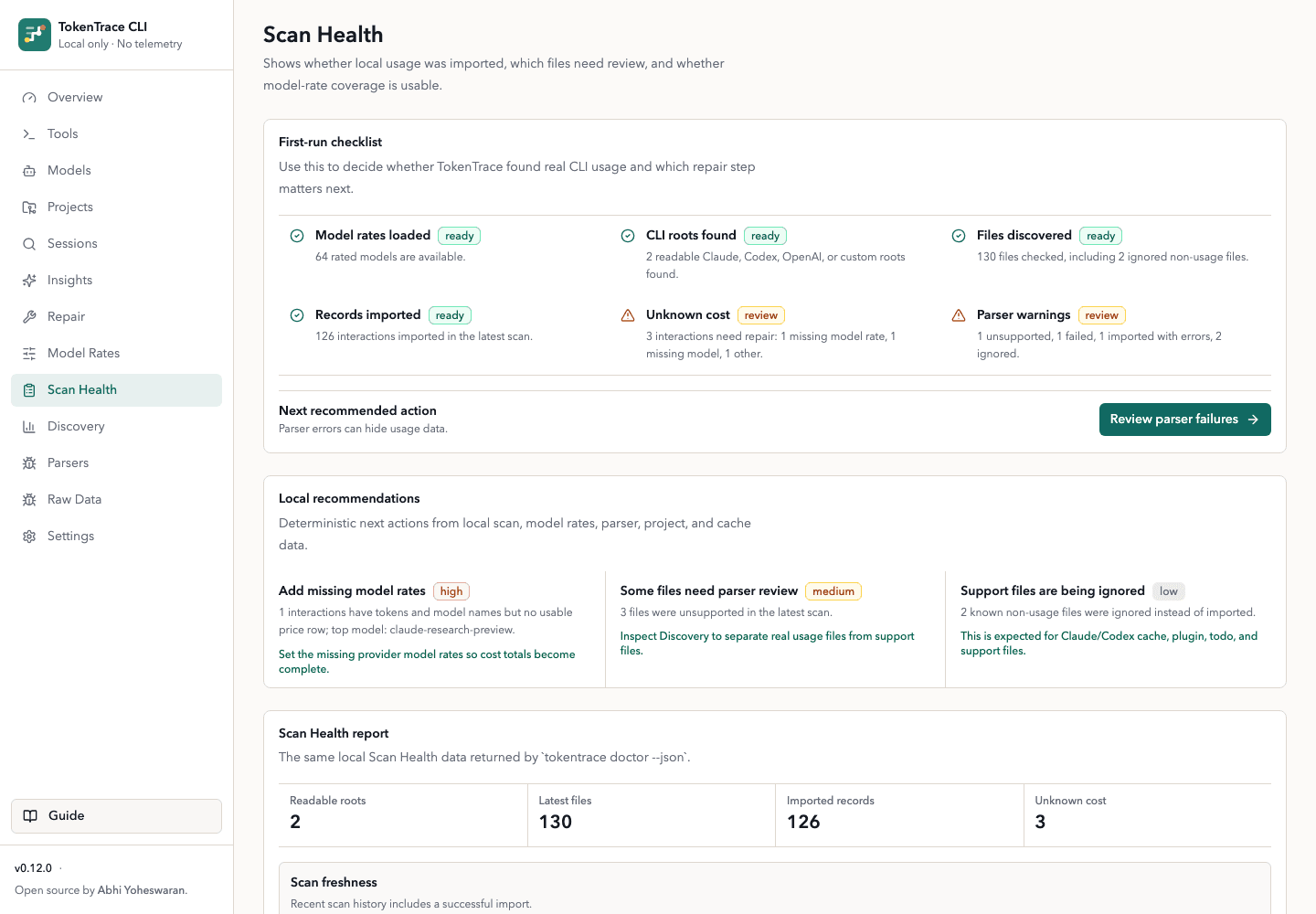 TokenTrace Scan Health: files checked, Parser warnings, ignored support files, cost coverage, scan scheduling, and supply-chain IOC checks