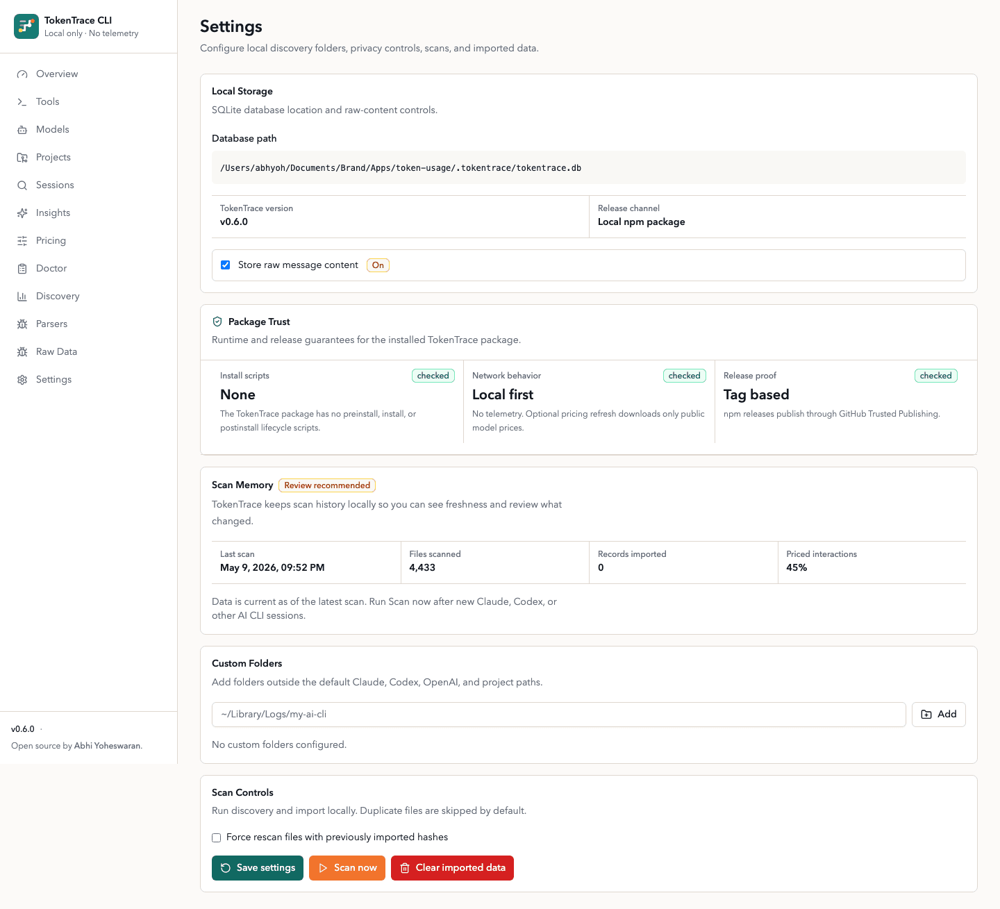 TokenTrace Settings package trust panel summarizing install-script, network, and provenance guarantees