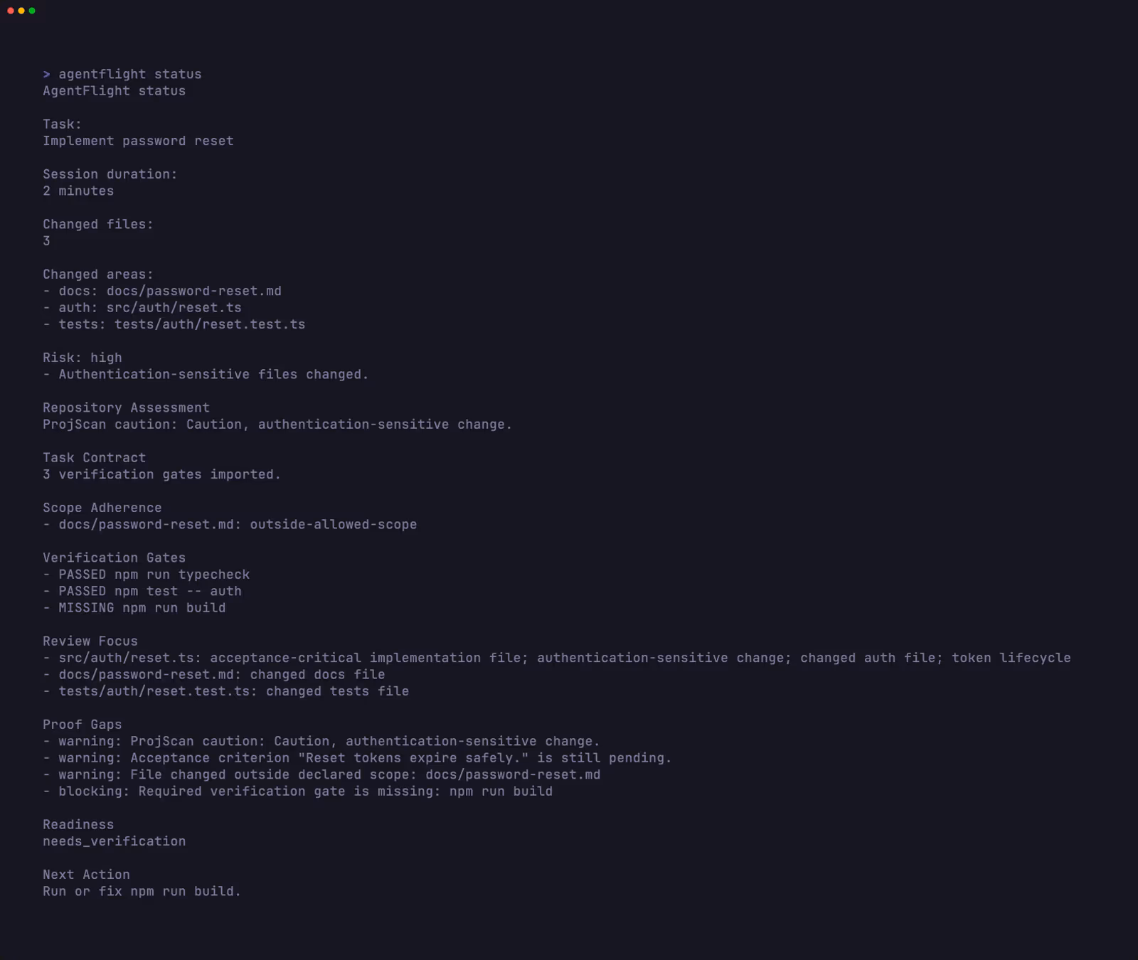 AgentFlight Baseframe readiness view showing repository assessment, scope adherence, verification gates, proof gaps, readiness, and next action.