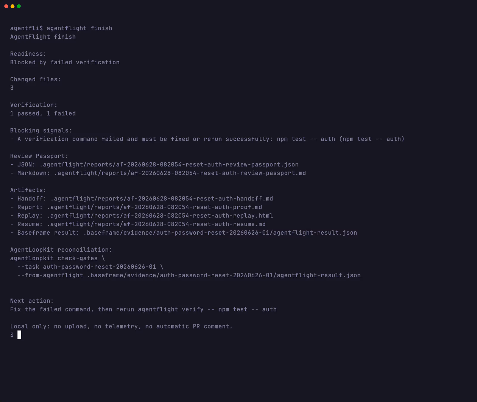 AgentFlight finish output: blocked readiness, three changed files, one passed and one failed verification, the Review Passport JSON and Markdown paths, the handoff, report, replay, and resume paths, the Baseframe result path, and the next action.